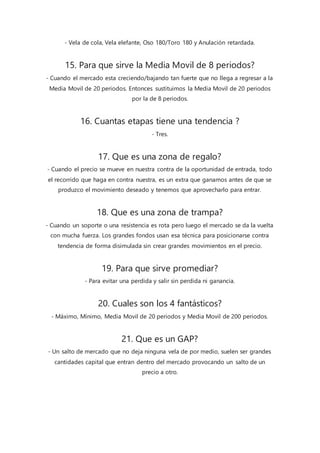 - Vela de cola, Vela elefante, Oso 180/Toro 180 y Anulación retardada.
15. Para que sirve la Media Movil de 8 periodos?
- Cuando el mercado esta creciendo/bajando tan fuerte que no llega a regresar a la
Media Movil de 20 periodos. Entonces sustituimos la Media Movil de 20 periodos
por la de 8 periodos.
16. Cuantas etapas tiene una tendencia ?
- Tres.
17. Que es una zona de regalo?
- Cuando el precio se mueve en nuestra contra de la oportunidad de entrada, todo
el recorrido que haga en contra nuestra, es un extra que ganamos antes de que se
produzco el movimiento deseado y tenemos que aprovecharlo para entrar.
18. Que es una zona de trampa?
- Cuando un soporte o una resistencia es rota pero luego el mercado se da la vuelta
con mucha fuerza. Los grandes fondos usan esa técnica para posicionarse contra
tendencia de forma disimulada sin crear grandes movimientos en el precio.
19. Para que sirve promediar?
- Para evitar una perdida y salir sin perdida ni ganancia.
20. Cuales son los 4 fantásticos?
- Máximo, Mínimo, Media Movil de 20 periodos y Media Movil de 200 periodos.
21. Que es un GAP?
- Un salto de mercado que no deja ninguna vela de por medio, suelen ser grandes
cantidades capital que entran dentro del mercado provocando un salto de un
precio a otro.
 