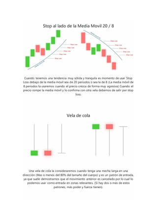 Stop al lado de la Media Movil 20 / 8
Cuando tenemos una tendencia muy sólida y tranquila es momento de usar Stop
Loss debajo de la media móvil sea de 20 periodos o sea la de 8 (La media móvil de
8 periodos la usaremos cuando el precio crezca de forma muy agresiva) Cuando el
precio rompe la media móvil y lo confirma con otra vela debemos de salir por stop
loss.
Vela de cola
Una vela de cola la consideraremos cuando tenga una mecha larga en una
dirección (Mas o menos del 80% del tamaño del cuerpo) y es un patrón de entrada,
ya que suele demostrarnos que el movimiento anterior es cancelado por lo cual lo
podemos usar como entrada en zonas relevantes. (Si hay dos o más de estos
patrones, más poder y fuerza tienen).
 