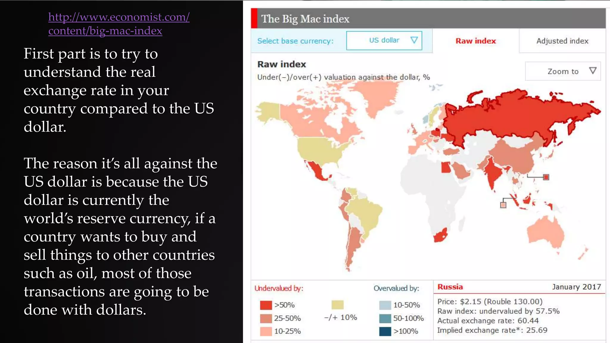 First part is to try to
understand the real
exchange rate in your
country compared to the US
dollar.
The reason it’s all against the
US dollar is because the US
dollar is currently the
world’s reserve currency, if a
country wants to buy and
sell things to other countries
such as oil, most of those
transactions are going to be
done with dollars.
http://www.economist.com/
content/big-mac-index
 