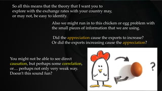 So all this means that the theory that I want you to
explore with the exchange rates with your country may,
or may not, be easy to identify.
Also we might run in to this chicken or egg problem with
the small pieces of information that we are using.
Did the appreciation cause the exports to increase?
Or did the exports increasing cause the appreciation?
You might not be able to see direct
causation, but perhaps some correlation,
or… perhaps not only very weak way.
Doesn’t this sound fun?
 