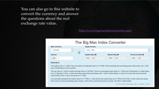 You can also go to this website to
convert the currency and answer
the questions about the real
exchange rate value.
http://www.bigmacindexconverter.com/
 