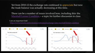 Yet from 2010-12 the exchange rate continued to appreciate but now
the trade balance was actually decreasing at this time.
There can be a number of issues involved here, including this: the
Marshall Lerner Condition – a topic for further discussion in class
https://www.tutor2u.net/economics/reference/exchange-rates-marshall-lerner-condition
I am an important link!
 