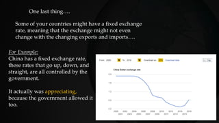 One last thing….
Some of your countries might have a fixed exchange
rate, meaning that the exchange might not even
change with the changing exports and imports….
For Example:
China has a fixed exchange rate,
these rates that go up, down, and
straight, are all controlled by the
government.
It actually was appreciating,
because the government allowed it
too.
 