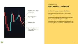 Candles refers always to a given time frame
Every interval of the time frame a new candle is
created
The difference between the opening price and the
closing price is called body of the candle
The highest price and lowest price, in relation to the
candle body, forms a shadow or a wick of the candle
11
How to read a candlestick
II. CANDLESTICKS
Highest price of the
timeframe
Closing price
Opening price
Lowest price of the
timeframe
 