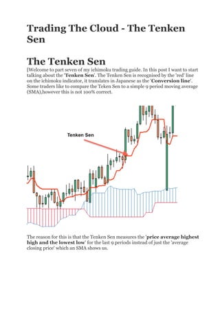 Trading The Cloud - The Tenken
Sen

The Tenken Sen
[Welcome to part seven of my ichimoku trading guide. In this post I want to start
talking about the 'Tenken Sen'. The Tenken Sen is recognised by the 'red' line
on the ichimoku indicator, it translates in Japanese as the 'Conversion line'.
Some traders like to compare the Teken Sen to a simple 9 period moving average
(SMA),however this is not 100% correct.




The reason for this is that the Tenken Sen measures the 'price average highest
high and the lowest low' for the last 9 periods instead of just the 'average
closing price' which an SMA shows us.
 