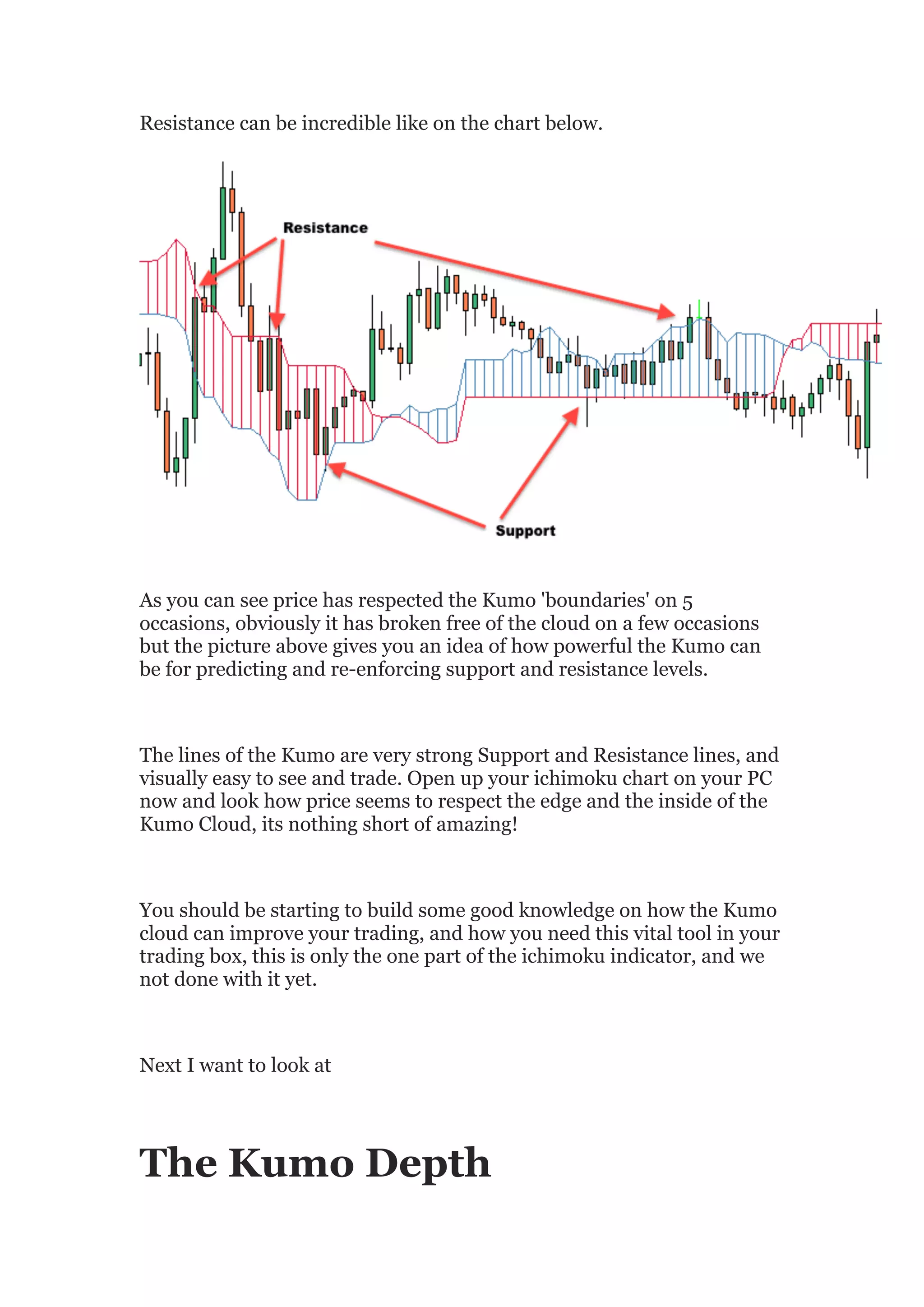 Resistance can be incredible like on the chart below.




As you can see price has respected the Kumo 'boundaries' on 5
occasions, obviously it has broken free of the cloud on a few occasions
but the picture above gives you an idea of how powerful the Kumo can
be for predicting and re-enforcing support and resistance levels.



The lines of the Kumo are very strong Support and Resistance lines, and
visually easy to see and trade. Open up your ichimoku chart on your PC
now and look how price seems to respect the edge and the inside of the
Kumo Cloud, its nothing short of amazing!



You should be starting to build some good knowledge on how the Kumo
cloud can improve your trading, and how you need this vital tool in your
trading box, this is only the one part of the ichimoku indicator, and we
not done with it yet.



Next I want to look at




The Kumo Depth
 