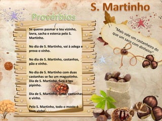Se queres pasmar o teu vizinho,
lavra, sacha e esterca pelo S.
Martinho.
No dia de S. Martinho, vai à adega e
prova o vinho.
No dia de S. Martinho, castanhas,
pão e vinho.
No dia de S. Martinho com duas
castanhas se faz um magustinho.
Dia de S. Martinho, fura o teu
pipinho.
Dia de S. Martinho, lume, castanhas
e vinho.
Pelo S. Martinho, todo o mosto é
bom vinho.
 