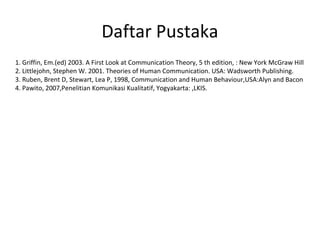 Daftar Pustaka
1. Griffin, Em.(ed) 2003. A First Look at Communication Theory, 5 th edition, : New York McGraw Hill
2. Littlejohn, Stephen W. 2001. Theories of Human Communication. USA: Wadsworth Publishing.
3. Ruben, Brent D, Stewart, Lea P, 1998, Communication and Human Behaviour,USA:Alyn and Bacon
4. Pawito, 2007,Penelitian Komunikasi Kualitatif, Yogyakarta: ,LKIS.
 