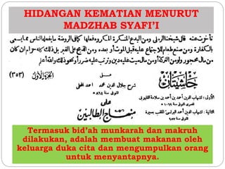 HIDANGAN KEMATIAN MENURUT 
MADZHAB SYAFI’I 
Termasuk bid’ah munkarah dan makruh 
dilakukan, adalah membuat makanan oleh 
keluarga duka cita dan mengumpulkan orang 
untuk menyantapnya. 
 