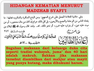 HIDANGAN KEMATIAN MENURUT 
MADZHAB SYAFI’I 
Suguhan makanan dari keluarga duka cita 
seperti tradisi wahsyah, juma’ dan 40 hari 
adalah makruh. Bahkan jika makanan 
tersebut diambilkan dari mahjur atau mayit 
yang punya hutang, maka dihukumi haram. 
 