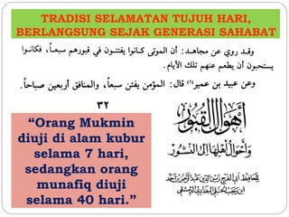 TRADISI SELAMATAN TUJUH HARI, 
BERLANGSUNG SEJAK GENERASI SAHABAT 
“Orang Mukmin 
diuji di alam kubur 
selama 7 hari, 
sedangkan orang 
munafiq diuji 
selama 40 hari.” 
 