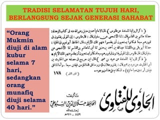 TRADISI SELAMATAN TUJUH HARI, 
BERLANGSUNG SEJAK GENERASI SAHABAT 
“Orang 
Mukmin 
diuji di alam 
kubur 
selama 7 
hari, 
sedangkan 
orang 
munafiq 
diuji selama 
40 hari.” 
 