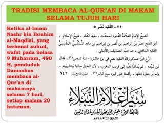 TRADISI MEMBACA AL-QUR’AN DI MAKAM 
SELAMA TUJUH HARI 
Ketika al-Imam 
Nashr bin Ibrahim 
al-Maqdisi, yang 
terkenal zuhud, 
wafat pada Selasa 
9 Muharram, 490 
H, penduduk 
Damaskus 
membaca al- 
Qur’an di 
makamnya 
selama 7 hari, 
setiap malam 20 
hataman. 
 