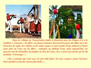 Dans les villages de Transylvanie, lundi, le deuxième jour des Pâques, il y a la tradition « d’arroser » les filles. Les jeunes hommes décorent les portes des filles avec des branches de sapin, des rubans et des œufs rouges et vont ensuite d’une maison à l’autre pour jeter de l’eau sur les filles – autrefois on utilisait l’eau, mais aujourd’hui, les garçons ont des bouteilles de parfum au lieu de l’eau…Il y a aussi une poésie qu’on dit pendant « l’arrosage » :  « On a entendu que vous avez ici une belle fleur/ Et nous sommes venus l’arroser/ Pour grandir et devenir encore plus belle! » 
