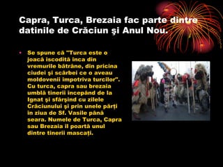 Capra, Turca, Brezaia fac parte dintre
datinile de Crăciun şi Anul Nou.

•   Se spune că "Turca este o
    joacă iscodită înca din
    vremurile bătrâne, din pricina
    ciudei şi scârbei ce o aveau
    moldovenii împotriva turcilor".
    Cu turca, capra sau brezaia
    umblă tinerii începând de la
    Ignat şi sfârşind cu zilele
    Crăciunului şi prin unele părţi
    în ziua de Sf. Vasile până
    seara. Numele de Turca, Capra
    sau Brezaia îl poartă unul
    dintre tinerii mascaţi.
 