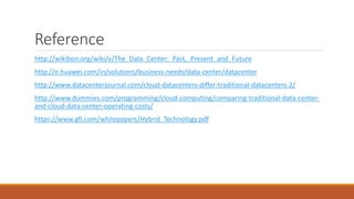 Reference
http://wikibon.org/wiki/v/The_Data_Center:_Past,_Present_and_Future
http://e.huawei.com/in/solutions/business-needs/data-center/datacenter
http://www.datacenterjournal.com/cloud-datacenters-differ-traditional-datacenters-2/
http://www.dummies.com/programming/cloud-computing/comparing-traditional-data-center-
and-cloud-data-center-operating-costs/
https://www.gfi.com/whitepapers/Hybrid_Technology.pdf
 