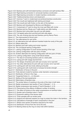 xii
Figure 4-23: Bamboo joint with laminated bamboo connector and split bamboo filler........... 50
Figure 4-24: Rigid bearing connection in vernacular bamboo construction ........................... 51
Figure 4-25: Rigid bearing connection in modern bamboo construction................................ 51
Figure 4-26: Traditional bamboo tenon and dowel joint......................................................... 52
Figure 4-27: Common T-joint in modernized conventional bamboo construction.................. 52
Figure 4-28: Fish-mouth joint tightened with lashing and dowel ............................................ 53
Figure 4-29: Fish-mouth joint with friction on the skin of the bamboo.................................... 53
Figure 4-30: Bamboo joint developed by Morisco and Mardjono........................................... 53
Figure 4-31: A sliced part of T-joint to show the inner part filled with mortar ......................... 53
Figure 4-32: Bamboo joint by Clavijo and Trujillo before and after testing ............................ 54
Figure 4-33: Bamboo joint using steel ring and cup with plaster ........................................... 55
Figure 4-34: Full lapped splice joint and butt joint with side plates ........................................ 56
Figure 4-35: The use of lacing wire tool and bamboo joint by Renzo Piano.......................... 57
Figure 5-1: The improvement of Arce’s joint.......................................................................... 59
Figure 5-2: Two alternatives for cam joints ............................................................................ 60
Figure 5-3: An alternative joint with element inserted inside the cavity of the pole................ 61
Figure 5-4: Ellipse plate joint.................................................................................................. 63
Figure 5-5: Bamboo joint with nailing and mortar injection .................................................... 64
Figure 5-6: The conceptual lashing configuration.................................................................. 67
Figure 5-7: Lashing configuration to avoid severe bending of the rope ................................. 67
Figure 5-8: Lashing configuration with two pairs of holes ...................................................... 68
Figure 5-9: Another alternative for lashing configuration with two pairs of holes................... 69
Figure 5-10: Lashing configuration using small helical dowels .............................................. 69
Figure 5-11: The idea of connecting bamboo pole to a steel plate ........................................ 70
Figure 5-12: Lasing joint with swage stud terminal ................................................................ 71
Figure 5-13: The design of bamboo joint with eye-nut plus rod or eye-bolt ........................... 72
Figure 5-14: Two other alternatives for joint with eye-nut plus rod or eye-bolt ...................... 73
Figure 5-15: Lashing joint with two knots utilizing turnbuckle ................................................ 75
Figure 5-16: Lashing joint with multi knots to increase its tensile strength ............................ 76
Figure 6-1: Distribution of forces in the joint .......................................................................... 84
Figure 6-2: Finite element model for bamboo under diametric compression......................... 84
Figure 6-3: Distribution of force in the rings ........................................................................... 86
Figure 6-4: Tangential friction (ff,٣,T) in the joint...................................................................... 86
Figure 6-5: Setting of the test equipments ............................................................................. 89
Figure 6-6: Deformation of bamboo tube............................................................................... 90
Figure 6-7: The similar failure of cracking in the ends of the tube in both tests..................... 91
Figure 6-8: Radial compression test results of Test A (Sample 1, 3, 5)................................. 92
Figure 6-9: Radial compression test results of Test B (Sample 2, 4, 6)................................. 92
Figure 6-10: Phenomena of the effects of different number of winding ................................. 93
Figure 6-11: The effect of frictions to the radial compressions on bamboo tubes.................. 95
Figure 6-12: Quarter part of bamboo tube in Test B .............................................................. 97
Figure 6-13: Equipment setting of the tension tests............................................................... 98
Figure 6-14: Three samples with six similar joints ................................................................. 99
Figure 6-15: Original and reformed washers as rings to protect the holes in the bamboo..... 99
Figure 6-16: Calculations of strength of each components in the joint ................................ 101
Figure 6-17. Whole cross section of bamboo reduced by the holes .................................... 102
Figure 6-18: Distribution of force from the rod to the wire.................................................... 103
Figure 6-19: Bearing stress by the ring on every hole within bamboo ................................. 104
 