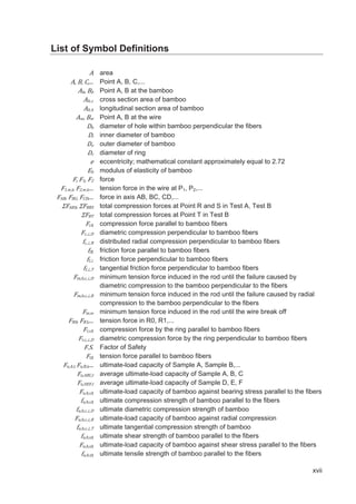 xvii
List of Symbol Definitions
area
ǡ ǡ ǡǤǤǤ Point A, B, C,...
„ǡ „ Point A, B at the bamboo
„ǡ٣ cross section area of bamboo
„ǡ ϻ longitudinal section area of bamboo
™ǡ ™ Point A, B at the wire
Š diameter of hole within bamboo perpendicular the fibers
‹ inner diameter of bamboo
‘ outer diameter of bamboo
” diameter of ring
‡ eccentricity; mathematical constant approximately equal to 2.72
„ modulus of elasticity of bamboo
ǡ ͳǡ ʹ force
ͳǡ™ǡ–ǡ ʹǡ™ǡ–ǡǤǤǤ tension force in the wire at P1, P2,...
ǡ ǡ ǡǤǤǤ force in axis AB, BC, CD,...
ȭ ǡ ȭ  total compression forces at Point R and S in Test A, Test B
ȭ  total compression forces at Point T in Test B
…ǡϻ compression force parallel to bamboo fibers
…ǡ٣ǡ diametric compression perpendicular to bamboo fibers
ˆ…ǡ٣ǡ distributed radial compression perpendicular to bamboo fibers
ˆˆǡϻ friction force parallel to bamboo fibers
ˆˆǡ٣ friction force perpendicular to bamboo fibers
ˆˆǡ٣ǡ tangential friction force perpendicular to bamboo fibers
ǡ„ǡ…ǡ٣ǡ minimum tension force induced in the rod until the failure caused by
diametric compression to the bamboo perpendicular to the fibers
ǡ„ǡ…ǡ٣ǡ minimum tension force induced in the rod until the failure caused by radial
compression to the bamboo perpendicular to the fibers
ǡ™ minimum tension force induced in the rod until the wire break off
Ͳǡ ͳǡǤǤǤ tension force in R0, R1,...
”ǡ…ǡϻ compression force by the ring parallel to bamboo fibers
”ǡ…ǡ٣ǡ diametric compression force by the ring perpendicular to bamboo fibers
ǤǤ Factor of Safety
–ǡϻ tension force parallel to bamboo fibers
—ǡ ǡ–ǡ —ǡ ǡ–ǡǤǤǤ ultimate-load capacity of Sample A, Sample B,...
—ǡ ǡ– average ultimate-load capacity of Sample A, B, C
—ǡ ǡ– average ultimate-load capacity of Sample D, E, F
—ǡ„ǡ…ǡϻ ultimate-load capacity of bamboo against bearing stress parallel to the fibers
ˆ—ǡ„ǡ…ǡϻ ultimate compression strength of bamboo parallel to the fibers
ˆ—ǡ„ǡ…ǡ٣ǡ ultimate diametric compression strength of bamboo
—ǡ„ǡ…ǡ٣ǡ ultimate-load capacity of bamboo against radial compression
ˆ—ǡ„ǡ…ǡ٣ǡ ultimate tangential compression strength of bamboo
ˆ—ǡ„ǡ•ǡϻ ultimate shear strength of bamboo parallel to the fibers
—ǡ„ǡ•ǡϻ ultimate-load capacity of bamboo against shear stress parallel to the fibers
ˆ—ǡ„ǡ–ǡϻ ultimate tensile strength of bamboo parallel to the fibers
 