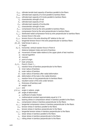 xviii
—ǡ„ǡ–ǡϻ ultimate tensile load capacity of bamboo parallel to the fibers
—ǡǡ–ǡϻ ultimate-load capacity of a knot parallel to bamboo fibers
—ǡͶǡ–ǡϻ ultimate-load capacity of 4 knots parallel to bamboo fibers
ˆ—ǡ” characteristic strength of rod
—ǡ” ultimate-load capacity of rod
—ǡ–„ ultimate-load capacity of turnbuckle
ˆ—ǡ™ characteristic strength of wire
™ǡ…ǡ ϻ compression force by the wire parallel to bamboo fibers
™ǡ…ǡ٣ compression force by the wire perpendicular to bamboo fibers
ˆ™ǡ…ǡ٣ǡ distributed radial compression force by wire perpendicular to bamboo fibers
™ǡ– tension force in the wire
™ǡ–ǡͶͷι tension force in the wire directing 45º relative to the rod
™ǡ–ǡ٣ǡ tangential tension force in the wire perpendicular to bamboo fibers
ȭ šǡ ȭ › total forces in axis x, y
Š height
 ǡ  horizontal, vertical reaction force in Point A
 distance between holes and end of bamboo
ο movement of lower table relative to the upper plank of test machine
Ž natural logarithm
 moment
 point of origin
 load; pressure;
Ͳǡ ͳǡǤǤǤ Point 0, Point 1,...
”„ǡ٣ reaction force of bamboo perpendicular to the fibers
‹ inner radius of bamboo
‘ outer radius of bamboo
ǯ‘ outer radius of bamboo after radial deformation
ο‘ deformation of the tube in the radial direction
””ǡ٣ reaction force of ring perpendicular to bamboo fibers
™ǡ– resultant vector of the wire under tension
–™ thickness of bamboo wall
 weight; load
šǡ ›ǡ œ axis
Ⱦǡ Ʌǡ Ƚǡ İ angle in radians, angle
߂Ʌ angle of deformation
ρ• coefficient of static friction
Ɏ mathematical constant approximately equal to 3.14
ɐ„ǡ…ǡϻ bearing stress or compression stress in bamboo parallel to the fibers
ɐ„ǡ…ǡ٣ compression stress in bamboo perpendicular to the fibers
ɐ„ǡ…ǡ٣ǡ tangential compression stress in bamboo perpendicular to the fibers
ɐ„ǡ–ǡϻ tension stress in bamboo parallel to the fibers
ɐ„ǡ–ǡ٣ tension stress in bamboo perpendicular to the fibers
ɐ„ǡ–ǡ٣ǡ tangential tension stress in bamboo perpendicular to the fibers
ɒ„ǡ ϻ shear stress in bamboo parallel to the fibers
ɒ„ǡ٣ shear stress in bamboo perpendicular to the fibers
ɒ„ǡ٣ǡ rolling shear in bamboo perpendicular to the fibers
 