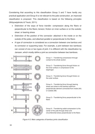34
Considering that according to this classification Group 3 and 7 have hardly any
practical application and Group 8 is not relevant to the pole construction, an improved
classification is proposed. This classification is based on the following principles
(Widyowijatnoko  Trautz, 2011):
x Distinction of the ways of force transfer: compression along the fibers or
perpendicular to the fibers; tension; friction on inner surface or on the outside;
shear; or bearing stress
x Distinction of the position of the connector: attached in the inside or on the
outside of the poles, and attached parallel or perpendicular to the fibers
x A type of connection is considered as a connection between one bamboo and
its connector or supporting base. For example, a joint between two bamboos
can consist of one or two types of joint. It is different with the classification by
Janssen, which mostly define a joint as connection between two bamboos.
Group 1 – Transferring compression through
contact to the whole section
Group 2 – Transferring force through friction on
the inner surface or compression to the
diaphragm
Group 3 – Transferring force through friction on
the outer surface
Group 4 – Transferring force through bearing
stress and shear to the bamboo wall from
perpendicular element connected from inside (4A)
or outside (4B)
Group 5 – Transferring force perpendicular to the
fibers
Group 6 – Transferring radial compression to the
center of the pole through shear and
circumferential stress perpendicular to the fibers
Figure 4-2: Main categories of bamboo joints classification
 