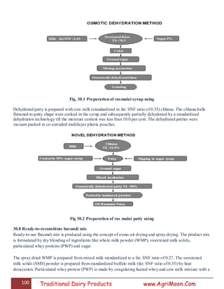 100 Traditional Dairy Products www.AgriMoon.Com
Fig. 30.1 Preparation of rasmalai syrup using
Dehydrated patty is prepared with cow milk (standardized to fat: SNF ratio of 0.35) chhana. The chhana balls
flattened to patty shape were cooked in the syrup and subsequently partially dehydrated by a standardized
dehydration technology till the moisture content was less than 10.0 per cent. The dehydrated patties were
vacuum packed in co-extruded multilayer plastic pouches.
Fig 30.2 Preparation of ras malai patty using
30.8 Ready-to-reconstitute basundi mix
Ready-to-use Basundi mix is produced using the concept of osmo-air drying and spray drying. The product mix
is formulated by dry blending of ingredients like whole milk powder (WMP), sweetened milk solids,
particulated whey proteins (PWP) and sugar.
The spray dried WMP is prepared from mixed milk standardized to a fat: SNF ratio of 0.27. The sweetened
milk solids (SMS) powder is prepared from standardized buffalo milk (fat: SNF ratio of 0.35) by heat
desiccation. Particulated whey protein (PWP) is made by coagulating heated whey and cow milk mixture with a
 