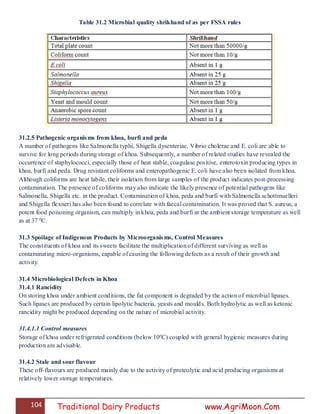 104 Traditional Dairy Products www.AgriMoon.Com
Table 31.2 Microbial quality shrikhand of as per FSSA rules
31.2.5 Pathogenic organisms from khoa, burfi and peda
A number of pathogens like Salmonella typhi, Shigella dysenteriae, Vibrio cholerae and E. coli are able to
survive for long periods during storage of khoa. Subsequently, a number of related studies have revealed the
occurrence of staphylococci, especially those of heat stable, coagulase positive, enterotoxin producing types in
khoa, burfi and peda. Drug resistant coliforms and enteropathogenic E. coli have also been isolated from khoa.
Although coliforms are heat labile, their isolation from large samples of the product indicates post-processing
contamination. The presence of coliforms may also indicate the likely presence of potential pathogens like
Salmonella, Shigella etc. in the product. Contamination of khoa, peda and burfi with Salmonella schottmuelleri
and Shigella flexneri has also been found to correlate with faecal contamination. It was proved that S. aureus, a
potent food poisoning organism, can multiply in khoa, peda and burfi at the ambient storage temperature as well
as at 37 ºC.
31.3 Spoilage of Indigenous Products by Microorganisms, Control Measures
The constituents of khoa and its sweets facilitate the multiplication of different surviving as well as
contaminating micro-organisms, capable of causing the following defects as a result of their growth and
activity.
31.4 Microbiological Defects in Khoa
31.4.1 Rancidity
On storing khoa under ambient conditions, the fat component is degraded by the action of microbial lipases.
Such lipases are produced by certain lipolytic bacteria, yeasts and moulds. Both hydrolytic as well as ketonic
rancidity might be produced depending on the nature of microbial activity.
31.4.1.1 Control measures
Storage of khoa under refrigerated conditions (below 10ºC) coupled with general hygienic measures during
production are advisable.
31.4.2 Stale and sour flavour
These off-flavours are produced mainly due to the activity of proteolytic and acid producing organisms at
relatively lower storage temperatures.
 