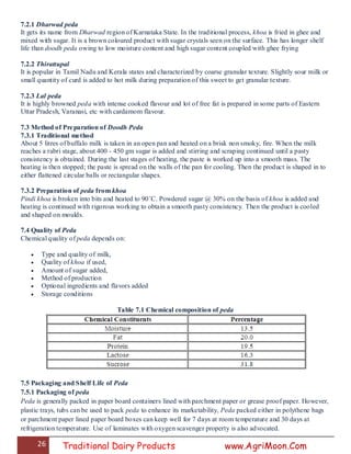 26 Traditional Dairy Products www.AgriMoon.Com
7.2.1 Dharwad peda
It gets its name from Dharwad region of Karnataka State. In the traditional process, khoa is fried in ghee and
mixed with sugar. It is a brown coloured product with sugar crystals seen on the surface. This has longer shelf
life than doodh peda owing to low moisture content and high sugar content coupled with ghee frying
7.2.2 Thirattupal
It is popular in Tamil Nadu and Kerala states and characterized by coarse granular texture. Slightly sour milk or
small quantity of curd is added to hot milk during preparation of this sweet to get granular texture.
7.2.3 Lal peda
It is highly browned peda with intense cooked flavour and lot of free fat is prepared in some parts of Eastern
Uttar Pradesh, Varanasi, etc with cardamom flavour.
7.3 Method of Preparation of Doodh Peda
7.3.1 Traditional method
About 5 litres of buffalo milk is taken in an open pan and heated on a brisk non smoky, fire. When the milk
reaches a rabri stage, about 400 - 450 gm sugar is added and stirring and scraping continued until a pasty
consistency is obtained. During the last stages of heating, the paste is worked up into a smooth mass. The
heating is then stopped; the paste is spread on the walls of the pan for cooling. Then the product is shaped in to
either flattened circular balls or rectangular shapes.
7.3.2 Preparation of peda from khoa
Pindi khoa is broken into bits and heated to 90˚C. Powdered sugar @ 30% on the basis of khoa is added and
heating is continued with rigorous working to obtain a smooth pasty consistency. Then the product is cooled
and shaped on moulds.
7.4 Quality of Peda
Chemical quality of peda depends on:
 Type and quality of milk,
 Quality of khoa if used,
 Amount of sugar added,
 Method of production
 Optional ingredients and flavors added
 Storage conditions
Table 7.1 Chemical composition of peda
7.5 Packaging and Shelf Life of Peda
7.5.1 Packaging of peda
Peda is generally packed in paper board containers lined with parchment paper or grease proof paper. However,
plastic trays, tubs can be used to pack peda to enhance its marketability, Peda packed either in polythene bags
or parchment paper lined paper board boxes can keep well for 7 days at room temperature and 30 days at
refrigeration temperature. Use of laminates with oxygen scavenger property is also advocated.
 