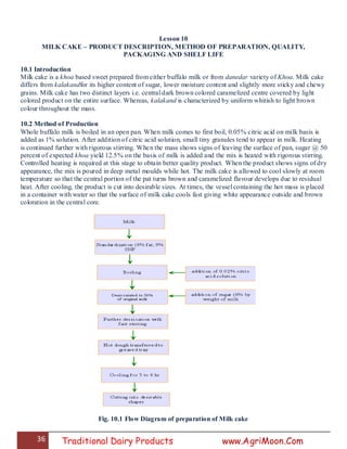 36 Traditional Dairy Products www.AgriMoon.Com
Lesson 10
MILK CAKE – PRODUCT DESCRIPTION, METHOD OF PREPARATION, QUALITY,
PACKAGING AND SHELF LIFE
10.1 Introduction
Milk cake is a khoa based sweet prepared from either buffalo milk or from danedar variety of Khoa. Milk cake
differs from kalakandfor its higher content of sugar, lower moisture content and slightly more sticky and chewy
grains. Milk cake has two distinct layers i.e. central dark brown colored caramelized centre covered by light
colored product on the entire surface. Whereas, kalakand is characterized by uniform whitish to light brown
colour throughout the mass.
10.2 Method of Production
Whole buffalo milk is boiled in an open pan. When milk comes to first boil, 0.05% citric acid on milk basis is
added as 1% solution. After addition of citric acid solution, small tiny granules tend to appear in milk. Heating
is continued further with rigorous stirring. When the mass shows signs of leaving the surface of pan, sugar @ 50
percent of expected khoa yield 12.5% on the basis of milk is added and the mix is heated with rigorous stirring.
Controlled heating is required at this stage to obtain better quality product. When the product shows signs of dry
appearance, the mix is poured in deep metal moulds while hot. The milk cake is allowed to cool slowly at room
temperature so that the central portion of the pat turns brown and caramelized flavour develops due to residual
heat. After cooling, the product is cut into desirable sizes. At times, the vessel containing the hot mass is placed
in a container with water so that the surface of milk cake cools fast giving white appearance outside and brown
coloration in the central core.
Fig. 10.1 Flow Diagram of preparation of Milk cake
 