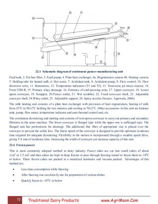 72 Traditional Dairy Products www.AgriMoon.Com
22.1 Schematic diagram of continuous paneer manufacturing unit
Feed tank, 2. On-line filter, 3. Feed pump, 4. Plate heat exchanger, 4a. Regeneration system 4b. Heating system,
5. Holding tube for heated milk, 6. Hot water, 7. Acidulant tank, 8. Acidulant pump, 9. Flow control, 10. Flow
diversion valve, 11. Rotameters, 12. Temperature indicators (T1 and T2), 13. Transverse jet mixer-reactor, 14.
From TJM-R, 15. Primary whey drainage. 16. Entrance of curd pressing zone, 17. Upper conveyor, 18. Lower
apron conveyor, 19. Scrapper, 20.Paneer outlet, 21. Wet scrubber, 22. Fixed conveyor shaft, 23. Adjustable
conveyor shaft, 24.Whey outlet, 25. Adjustable support, 26. Spray nozzles (Source: Agarwala, 2006).
The milk heating unit consists of a plate heat exchanger with provision of heat regeneration, heating of milk
from 25o
C to 902o
C holding for two minutes and cooling to 702o
C. Other accessories in this unit are balance
tank, pump, flow meter, temperature indicator and auto thermal control unit, etc.
The continuous dewatering and matting unit consists of twin apron conveyer to carry out primary and secondary
filtration in the same machine. The lower conveyor is flanged type while the upper one is unflanged type. The
flanged unit has perforations for drainage. The additional fine filter of appropriate size is placed over the
conveyor to prevent the solids loss. The linear speed of the conveyor is designed to provide optimum residence
time required for adequate dewatering. Flexibility in the motion is incorporated through a variable speed drive,
giving 5-8 min of residence time. Increasing the width of conveyor can increase capacity of this unit.
22.4 Frozen paneer
This is most commonly adopted method in dairy industry. Paneer slabs are cut into small cubes of about
1cm3
or 1.5 cm3
and then cubes are kept in deep freezer or pass through freezing tunnel to freeze them to-180
C
or below. These frozen cubes are packed in a metalized laminates and vacuum packed. Advantages of this
method are;
 Less time consumption while thawing
 After thawing one can directly use for preparation of various dishes
 Quickly freeze to -180
C or below
 
