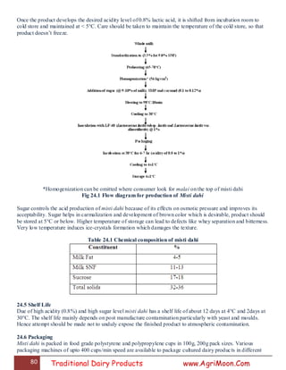 80 Traditional Dairy Products www.AgriMoon.Com
Once the product develops the desired acidity level of 0.8% lactic acid, it is shifted from incubation room to
cold store and maintained at < 5°C. Care should be taken to maintain the temperature of the cold store, so that
product doesn‘t freeze.
*Homogenization can be omitted where consumer look for malai on the top of misti dahi
Fig 24.1 Flow diagram for production of Misti dahi
Sugar controls the acid production of misti dahi because of its effects on osmotic pressure and improves its
acceptability. Sugar helps in carmalization and development of brown color which is desirable, product should
be stored at 5°C or below. Higher temperature of storage can lead to defects like whey separation and bitterness.
Very low temperature induces ice-crystals formation which damages the texture.
Table 24.1 Chemical composition of misti dahi
24.5 Shelf Life
Due of high acidity (0.8%) and high sugar level misti dahi has a shelf life of about 12 days at 4°C and 2days at
30°C. The shelf life mainly depends on post manufacture contamination particularly with yeast and moulds.
Hence attempt should be made not to unduly expose the finished product to atmospheric contamination.
24.6 Packaging
Misti dahi is packed in food grade polystyrene and polypropylene cups in 100g, 200g pack sizes. Various
packaging machines of upto 400 cups/min speed are available to package cultured dairy products in different
 