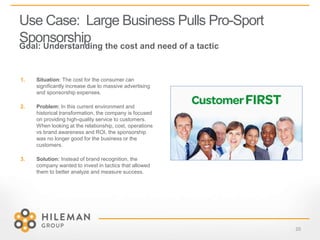 Use Case: Large Business Pulls Pro-Sport
SponsorshipGoal: Understanding the cost and need of a tactic
20
1. Situation: The...