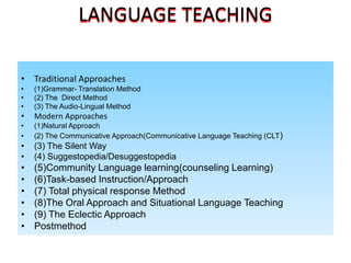 LANGUAGE TEACHING
• Traditional Approaches
• (1)Grammar- Translation Method
• (2) The Direct Method
• (3) The Audio-Lingual Method
• Modern Approaches
• (1)Natural Approach
• (2) The Communicative Approach(Communicative Language Teaching (CLT)
• (3) The Silent Way
• (4) Suggestopedia/Desuggestopedia
• (5)Community Language learning(counseling Learning)
• (6)Task-based Instruction/Approach
• (7) Total physical response Method
• (8)The Oral Approach and Situational Language Teaching
• (9) The Eclectic Approach
• Postmethod
 