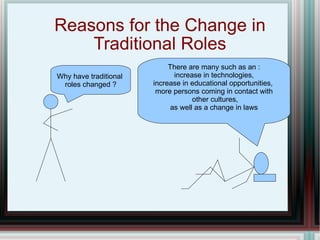Reasons for the Change in Traditional Roles Why have traditional  roles changed ? There are many such as an : increase in ...