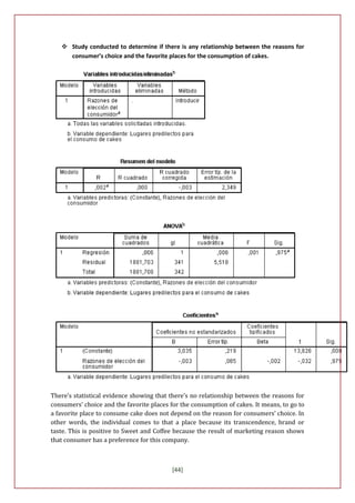  Study conducted to determine if there is any relationship between the reasons for
     consumer’s choice and the favorite places for the consumption of cakes.




There’s statistical evidence showing that there’s no relationship between the reasons for
consumers’ choice and the favorite places for the consumption of cakes. It means, to go to
a favorite place to consume cake does not depend on the reason for consumers’ choice. In
other words, the individual comes to that a place because its transcendence, brand or
taste. This is positive to Sweet and Coffee because the result of marketing reason shows
that consumer has a preference for this company.



                                           [44]
 
