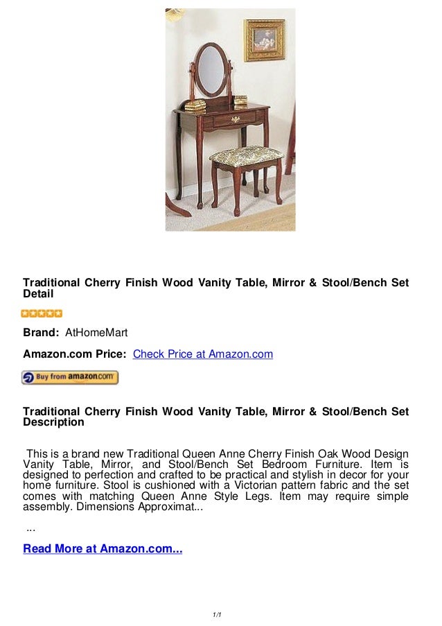 Traditional Cherry Finish Wood Vanity Table Mirror Stool Bench Set