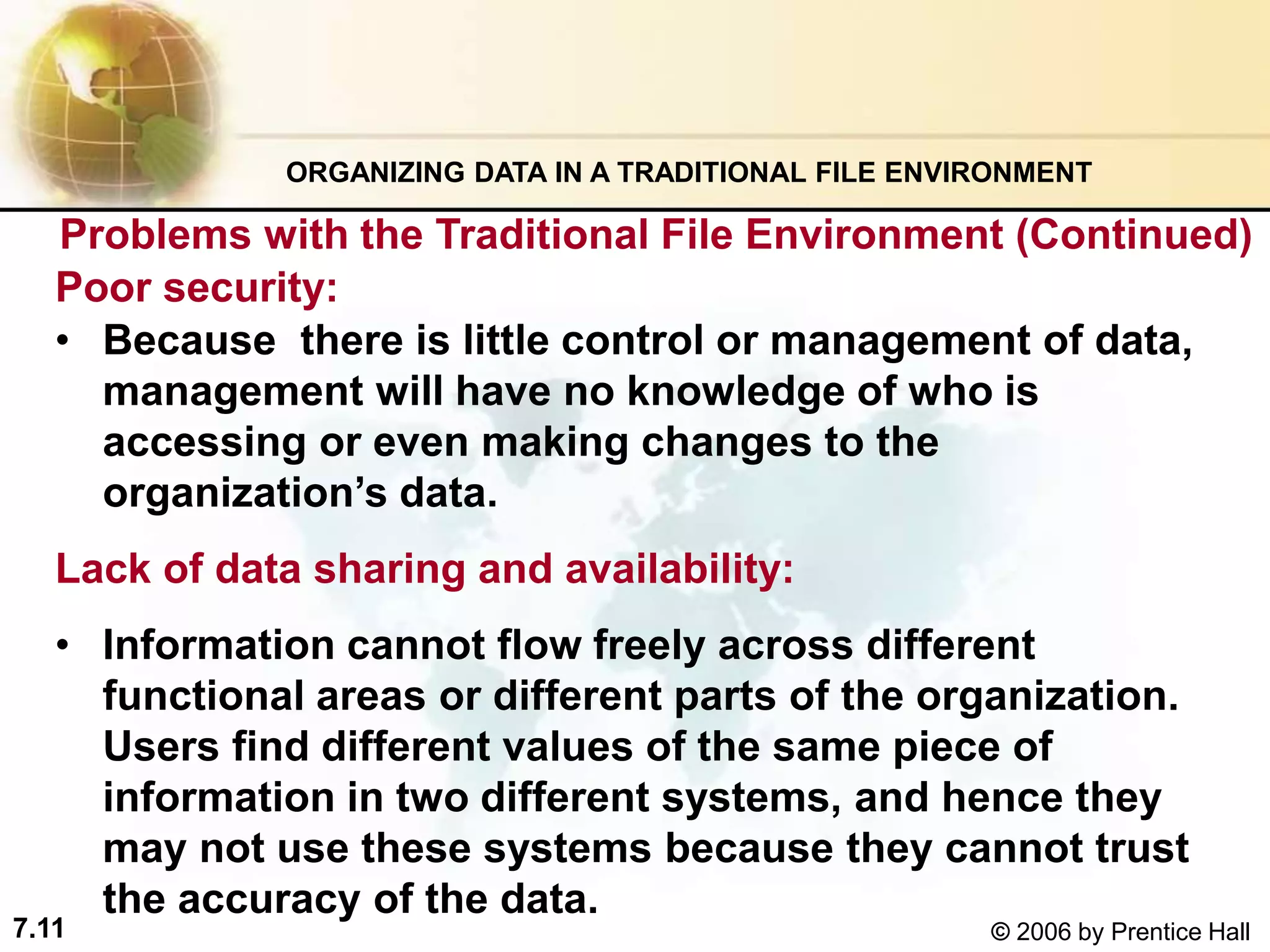 7.11 © 2006 by Prentice Hall
• Because there is little control or management of data,
management will have no knowledge of who is
accessing or even making changes to the
organization’s data.
Lack of data sharing and availability:
• Information cannot flow freely across different
functional areas or different parts of the organization.
Users find different values of the same piece of
information in two different systems, and hence they
may not use these systems because they cannot trust
the accuracy of the data.
ORGANIZING DATA IN A TRADITIONAL FILE ENVIRONMENT
Poor security:
Problems with the Traditional File Environment (Continued)
 