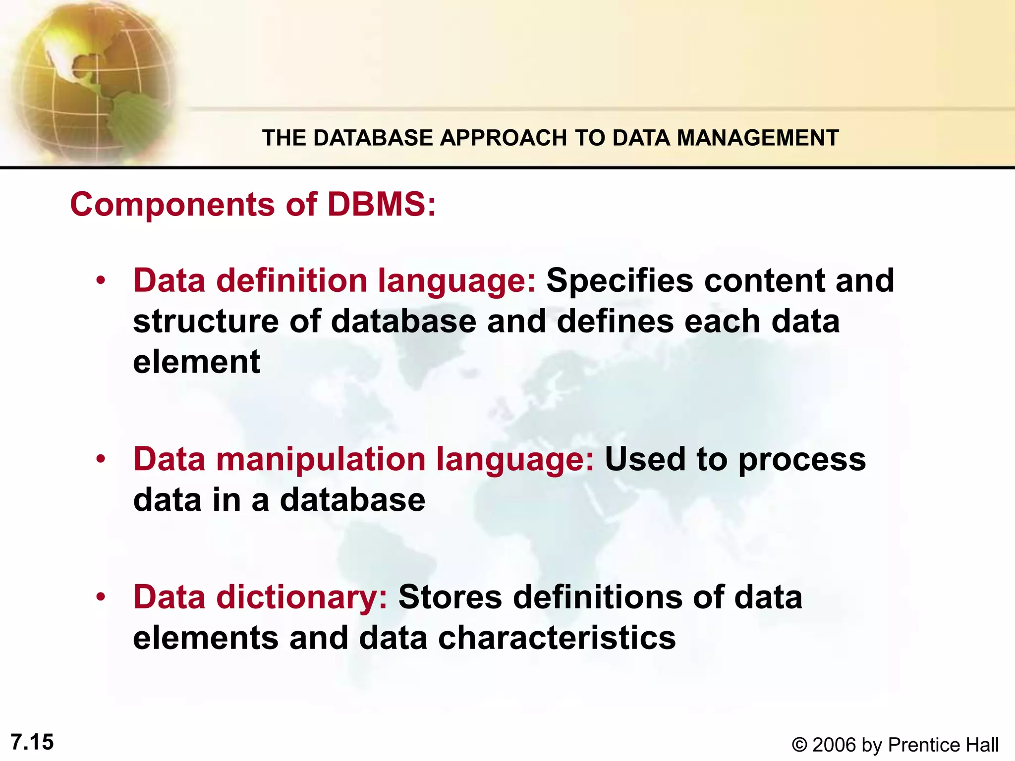 7.15 © 2006 by Prentice Hall
Components of DBMS:
• Data definition language: Specifies content and
structure of database and defines each data
element
• Data manipulation language: Used to process
data in a database
• Data dictionary: Stores definitions of data
elements and data characteristics
THE DATABASE APPROACH TO DATA MANAGEMENT
 