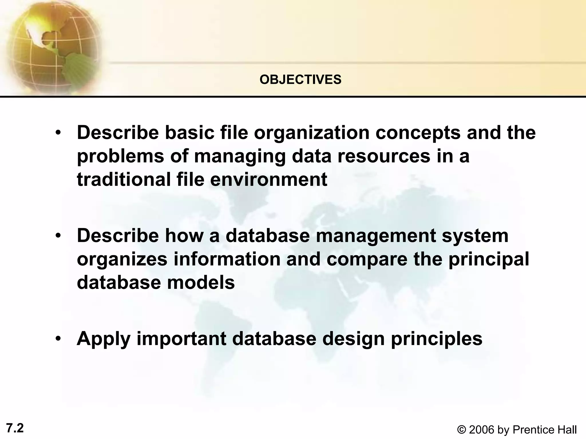 7.2 © 2006 by Prentice Hall
• Describe basic file organization concepts and the
problems of managing data resources in a
traditional file environment
• Describe how a database management system
organizes information and compare the principal
database models
• Apply important database design principles
OBJECTIVES
 