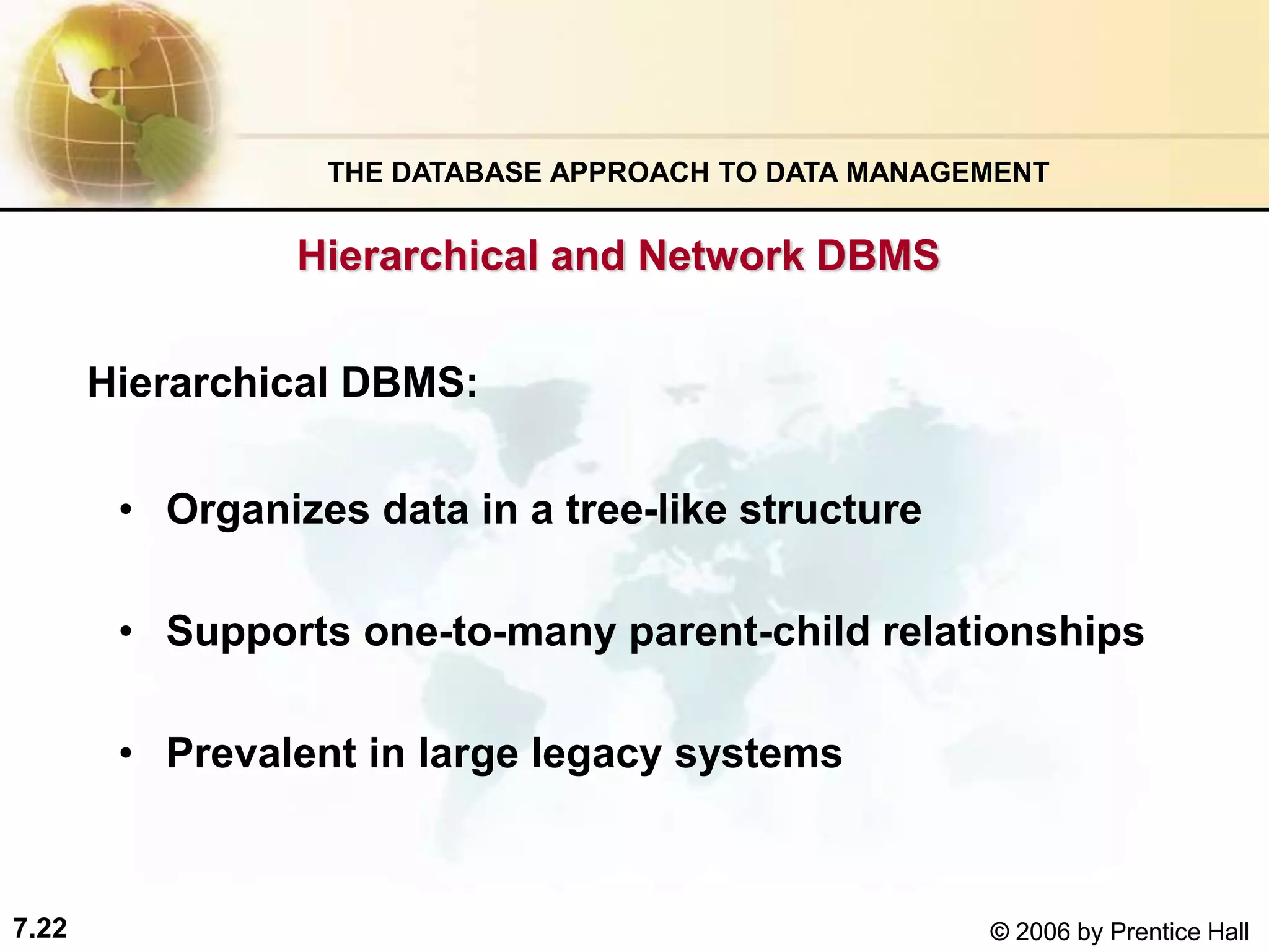7.22 © 2006 by Prentice Hall
Hierarchical and Network DBMS
• Organizes data in a tree-like structure
• Supports one-to-many parent-child relationships
• Prevalent in large legacy systems
THE DATABASE APPROACH TO DATA MANAGEMENT
Hierarchical DBMS:
 
