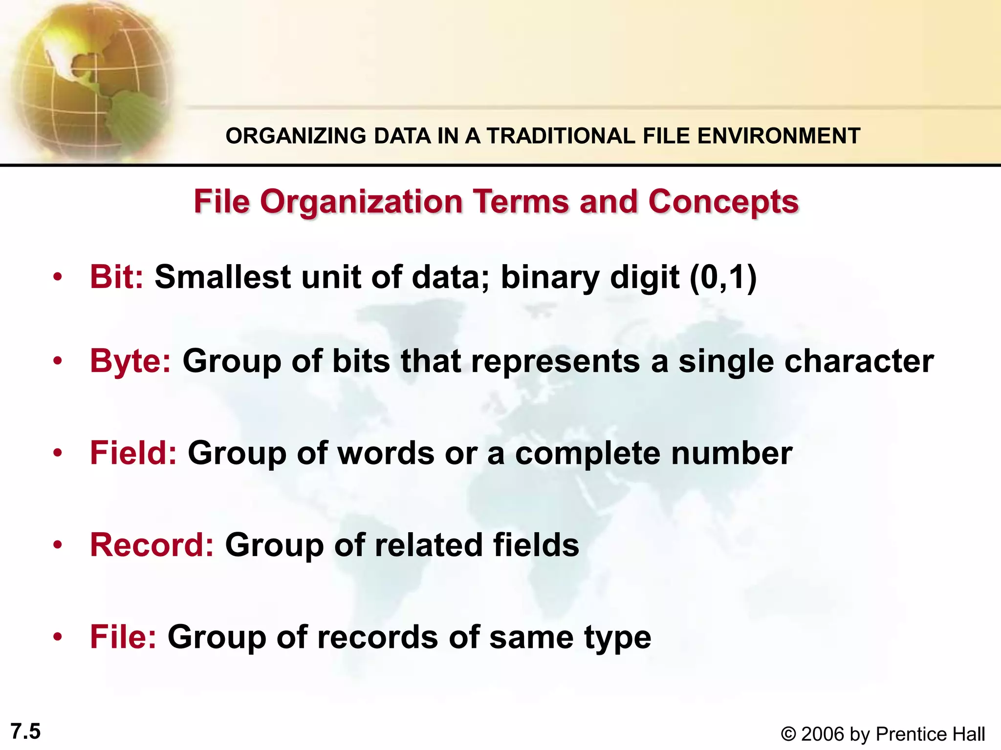 7.5 © 2006 by Prentice Hall
File Organization Terms and Concepts
• Bit: Smallest unit of data; binary digit (0,1)
• Byte: Group of bits that represents a single character
• Field: Group of words or a complete number
• Record: Group of related fields
• File: Group of records of same type
ORGANIZING DATA IN A TRADITIONAL FILE ENVIRONMENT
 