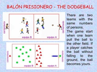 BALÓN PRISIONERO - THE DODGEBALL
There are two
teams with the
same numbers
of persons.
The game start
when one team
pull the ball to
the other field. If
a player catches
the ball without
falling to the
ground, the ball
becomes yours.
 