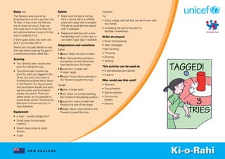 N E W Z E A L A N D
Rules ctd.
The Taniwha score points by
throwing the ki at the tupu from the
Te Roto: if they enter the Pawero,
the hit does not count. They can
only have the ki in the Te Roto for
ten seconds before trying to hit the
tupu or passing it out.
If the ki goes loose, any team can
pick it up and play with it.
Teams can mutually decide to vary
the rules before playing the game –
a traditional process called Tatu.
Scoring
• The Taniwha team scores one
point for hitting the tupu.
• The Kioma team scores one
point for each pou tagged in the
Te Ao, but only if the move is
finished by touching the ki down
in the Pawero. So, tag one post
and touchdown equals one point,
tag two posts and touchdown
equals two points. There are
seven posts, so it is possible to
score seven points. Touching the
ball down is known as a try, or
Tupu Manawa.
Equipment
• A tupu – usually a large drum.
• Small cones for boundary
markers.
• Seven large cones or poles
for pou.
• A ball.
Safety
• Make sure the ball is not too
hard, a tennis ball or a softball-
sized soft rubber ball is suitable.
The game could also be played
with a volleyball.
• Replace all tackling with a two-
handed tag touch to the hips, or
use ripper rugby tags if available.
Adaptations and variations
Easier
• Space: Make the pitch smaller.
• Task: Remove the touchdown
component so the Kioma only
have tag the pou the target.
• Equipment: A larger ball.
A larger target.
• People: Fewer Kioma allowed in
the Pawero to guard the tupu.
Harder
• Space: A larger pitch.
• Task: Allow full contact tackling
(be mindful of the playing surface.)
• Equipment: Use a smaller ball.
Reduce the size of the target.
• People: Allow more Kioma in the
Pawero to guard the tupu.
Inclusion
Try:
• Using a large, soft ball that can be thrown with
two hands.
• Increasing the size of the pitch to
facilitate wheelchairs.
Skills developed
• Quick hand passing
• Team strategies
• Ball handling
• Throwing
• Running
• Tackling
This activity can be used as
• A skill-development activity
• A game
Who could use this card?
• Teachers
• Young leaders
• Sports coaches
• Community
leaders
• Parents
Ki-o-Rahi
 