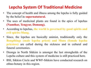 Lepcha System Of Traditional Medicine
• The concept of health and illness among the lepcha is fully guided
by the belief in supernatutural.
• The uses of medicinal plants are found in the epics of lepchas
(Namthar, Tengyur, Domang).
• According to lepchas, the world is governed by good spirits and
evil spirits-Mung.
• Since, the lepchas are basically animist, traditionally only the
Bongthings (male lepcha priest) and Muns (female lepcha
priestess) are called during the sickness and in cultural and
funeral ceremonies.
• Dzongu in North Sikkim is amongst the last strongholds of the
Lepcha culture and this system of medicine is still practiced here.
• BSI, Sikkim Circle and WWF-Sikkim have conducted research on
ethno-botany in this region.
 