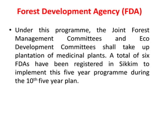 Forest Development Agency (FDA)
• Under this programme, the Joint Forest
Management Committees and Eco
Development Committees shall take up
plantation of medicinal plants. A total of six
FDAs have been registered in Sikkim to
implement this five year programme during
the 10th five year plan.
 