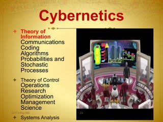  Theory of
Information
Communications
Coding
Algorithms
Probabilities and
Stochastic
Processes
 Theory of Control
Operations
Research
Optimization
Management
Science
 Systems Analysis
Cybernetics
Dr.T.V.Rao MD 22
 