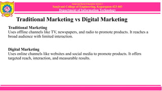 Sanjivani Rural Education Society’s
Sanjivani College of Engineering, Kopargaon-423 603
Department of Information Technology
Traditional Marketing vs Digital Marketing
Traditional Marketing
Uses offline channels like TV, newspapers, and radio to promote products. It reaches a
broad audience with limited interaction.
Digital Marketing
Uses online channels like websites and social media to promote products. It offers
targeted reach, interaction, and measurable results.
 