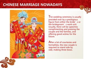CHINESE MARRIAGE NOWADAYS



                  The wedding ceremony very often
                  ends with a very extravag...