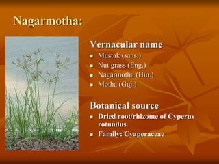 Nagarmotha:
Vernacular name
 Mustak (sans.)
 Nut grass (Eng.)
 Nagarmotha (Hin.)
 Motha (Guj.)
Botanical source
 Dried root/rhizome of Cyperus
rotundus.
 Family: Cyaperaceae
 