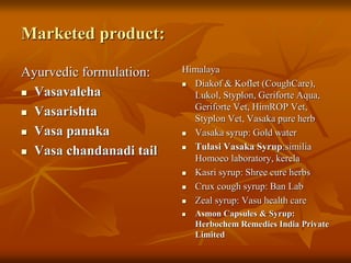 Marketed product:
Ayurvedic formulation:
 Vasavaleha
 Vasarishta
 Vasa panaka
 Vasa chandanadi tail
Himalaya
 Diakof & Koflet (CoughCare),
Lukol, Styplon, Geriforte Aqua,
Geriforte Vet, HimROP Vet,
Styplon Vet, Vasaka pure herb
 Vasaka syrup: Gold water
 Tulasi Vasaka Syrup:similia
Homoeo laboratory, kerela
 Kasri syrup: Shree cure herbs
 Crux cough syrup: Ban Lab
 Zeal syrup: Vasu health care
 Asmon Capsules & Syrup:
Herbochem Remedies India Private
Limited
 