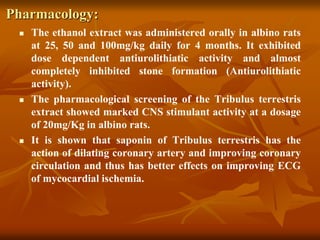 Pharmacology:
 The ethanol extract was administered orally in albino rats
at 25, 50 and 100mg/kg daily for 4 months. It exhibited
dose dependent antiurolithiatic activity and almost
completely inhibited stone formation (Antiurolithiatic
activity).
 The pharmacological screening of the Tribulus terrestris
extract showed marked CNS stimulant activity at a dosage
of 20mg/Kg in albino rats.
 It is shown that saponin of Tribulus terrestris has the
action of dilating coronary artery and improving coronary
circulation and thus has better effects on improving ECG
of mycocardial ischemia.
 